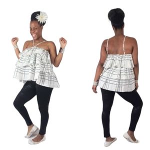 MSGM Milano White/Black Spaghetti Strap Ruffle Top